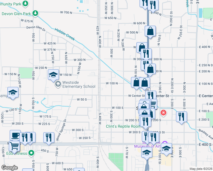 map of restaurants, bars, coffee shops, grocery stores, and more near 339 West 100 North in Springville