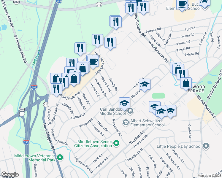 map of restaurants, bars, coffee shops, grocery stores, and more near 28 Hemlock Road in Levittown