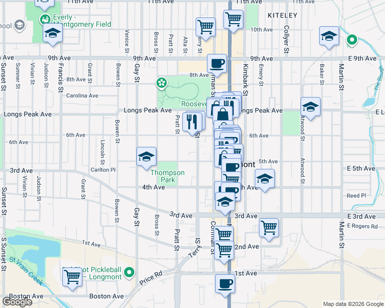map of restaurants, bars, coffee shops, grocery stores, and more near 526 Terry Street in Longmont