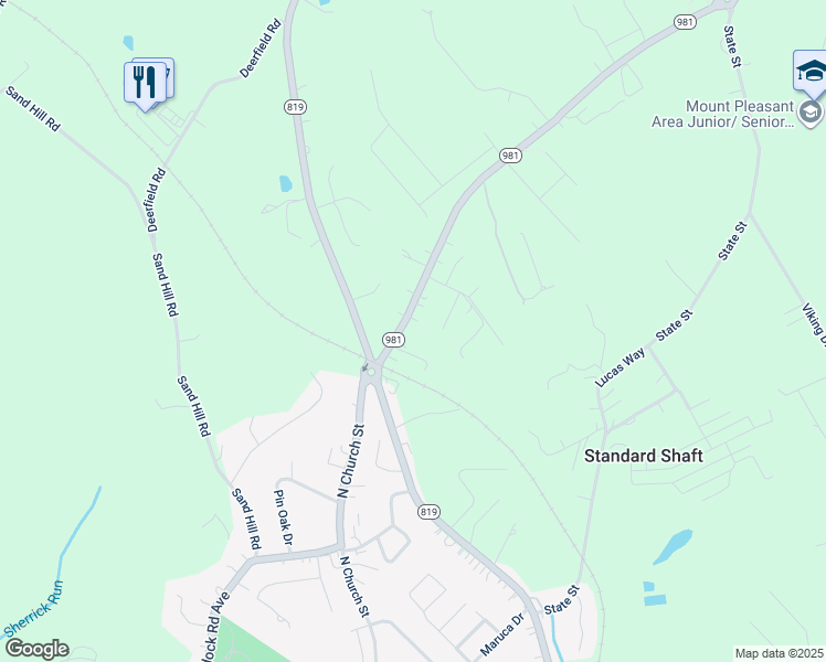 map of restaurants, bars, coffee shops, grocery stores, and more near 3188 Pennsylvania 981 in Mount Pleasant