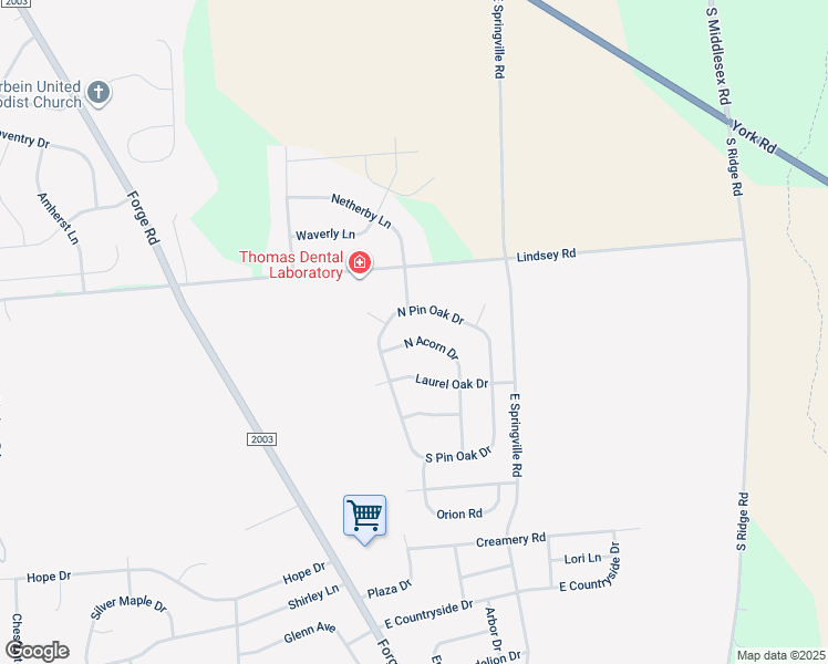 map of restaurants, bars, coffee shops, grocery stores, and more near 25 North Acorn Drive in Boiling Springs