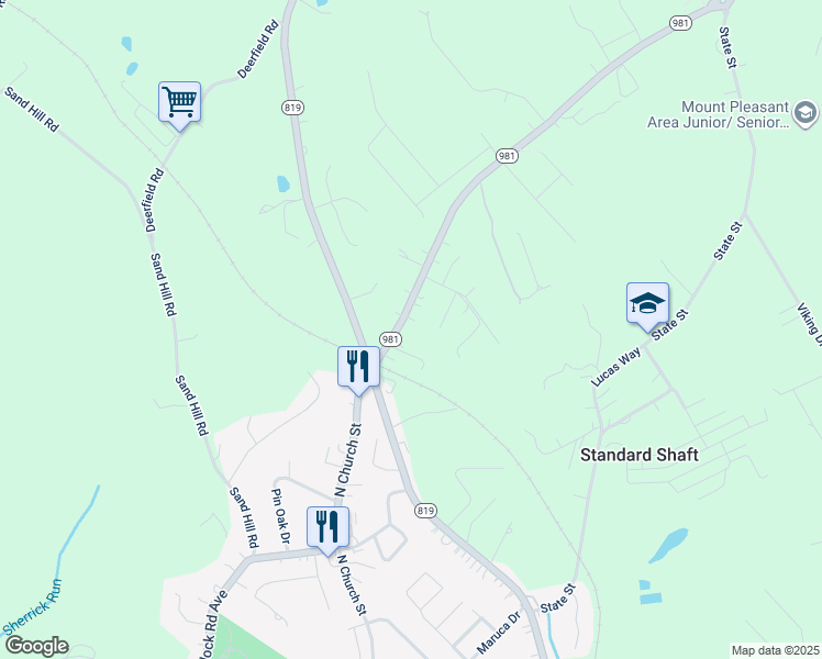 map of restaurants, bars, coffee shops, grocery stores, and more near 3188 Pennsylvania 981 in Mount Pleasant