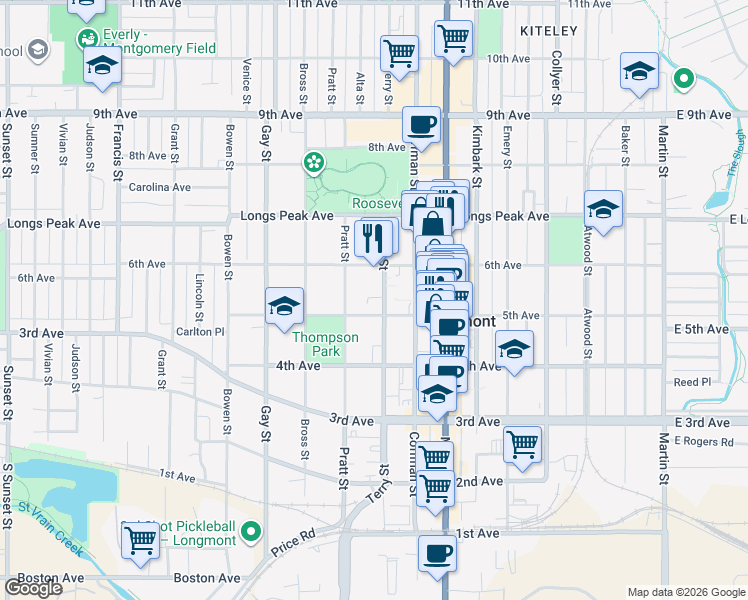 map of restaurants, bars, coffee shops, grocery stores, and more near 526 Terry Street in Longmont