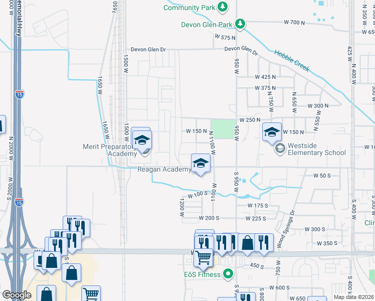 map of restaurants, bars, coffee shops, grocery stores, and more near 1156 West 100 North in Springville