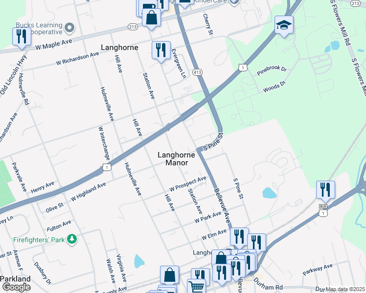 map of restaurants, bars, coffee shops, grocery stores, and more near 505 Station Avenue in Langhorne