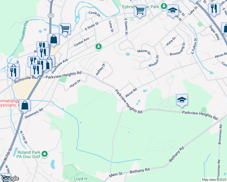 map of restaurants, bars, coffee shops, grocery stores, and more near 155 Parkview Heights Road in Ephrata