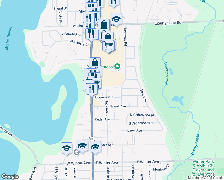 map of restaurants, bars, coffee shops, grocery stores, and more near 301 Northbrook Drive in Danville