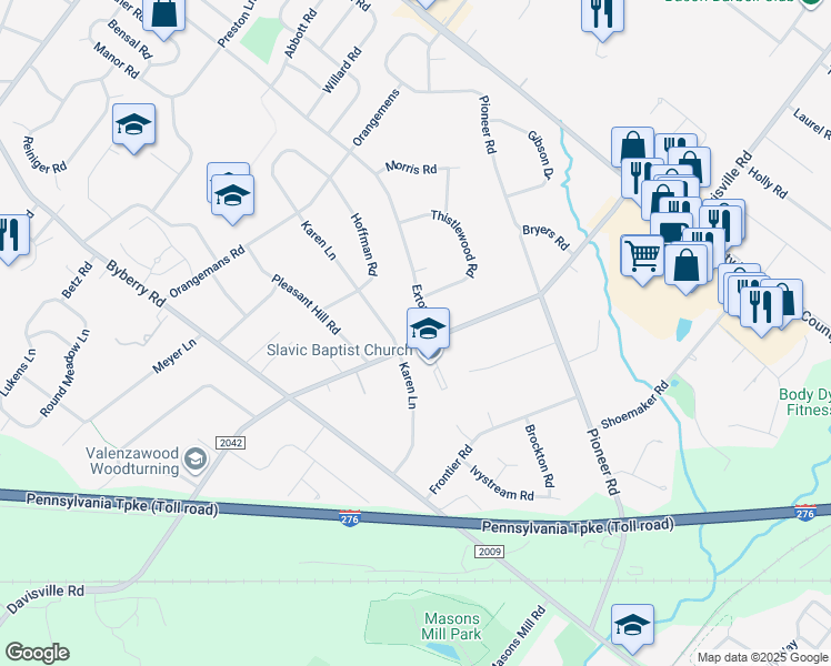 map of restaurants, bars, coffee shops, grocery stores, and more near 4050 Davisville Road in Hatboro