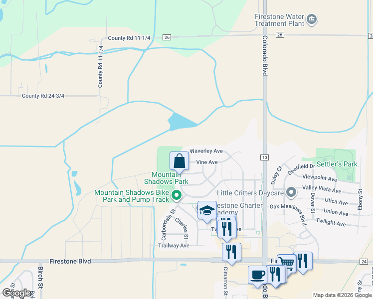 map of restaurants, bars, coffee shops, grocery stores, and more near 5649 Waverley Avenue in Longmont