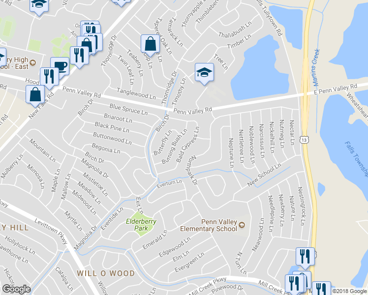 map of restaurants, bars, coffee shops, grocery stores, and more near 21 Bald Cypress Lane in Levittown