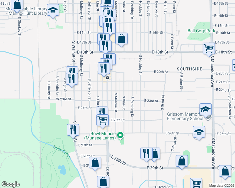 map of restaurants, bars, coffee shops, grocery stores, and more near 2818 South Monroe Street in Muncie