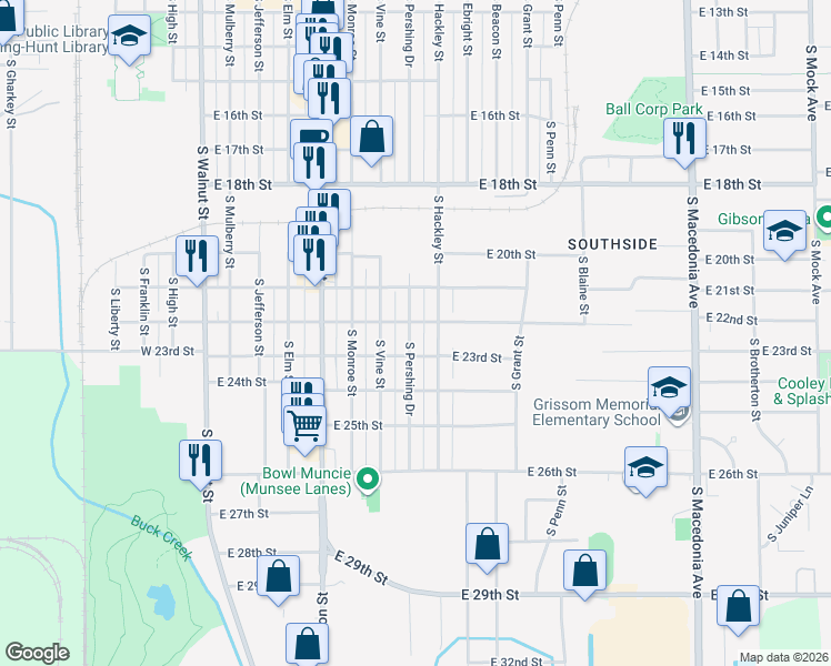 map of restaurants, bars, coffee shops, grocery stores, and more near 2821 South Pershing Drive in Muncie