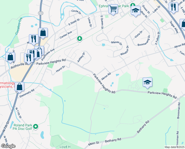 map of restaurants, bars, coffee shops, grocery stores, and more near 155 Parkview Heights Road in Ephrata