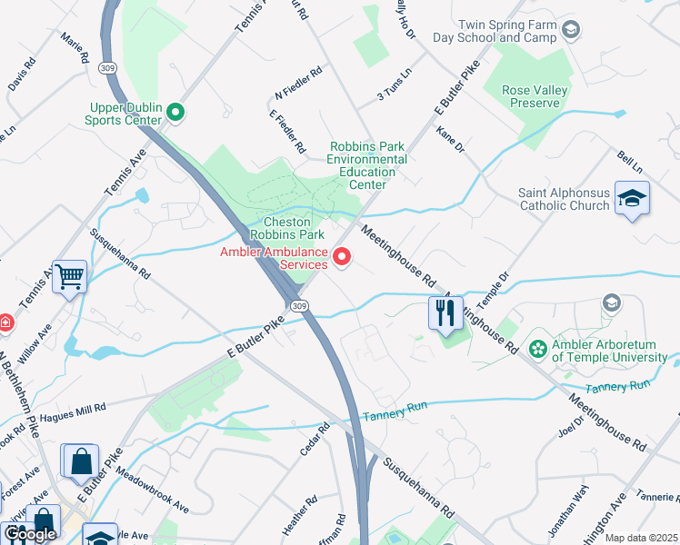 map of restaurants, bars, coffee shops, grocery stores, and more near 1406 East Butler Pike in Ambler