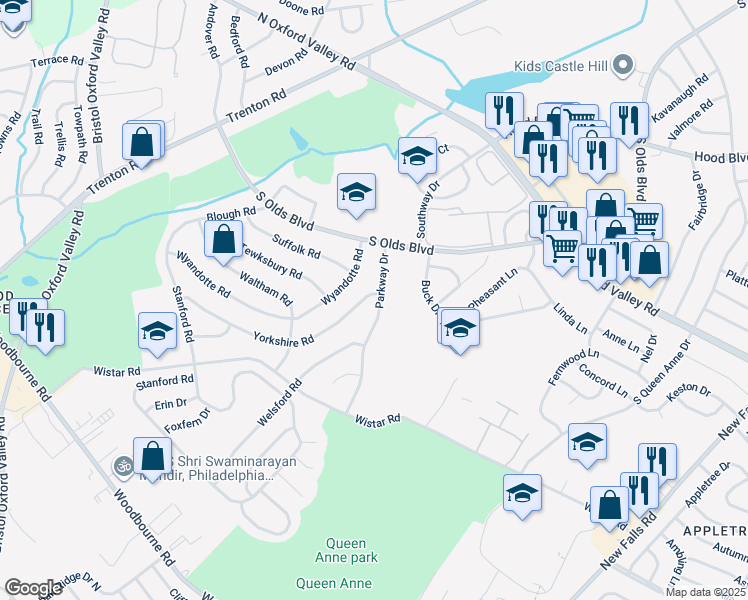 map of restaurants, bars, coffee shops, grocery stores, and more near 280 Yorkshire Road in Fairless Hills
