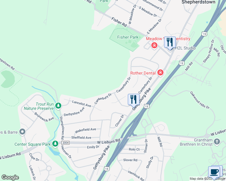 map of restaurants, bars, coffee shops, grocery stores, and more near 2240 Canterbury Drive in Mechanicsburg