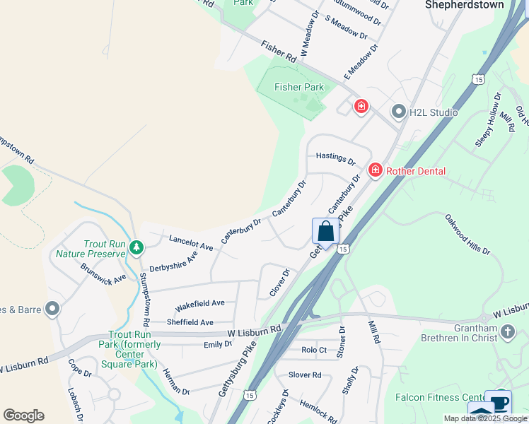 map of restaurants, bars, coffee shops, grocery stores, and more near 2240 Canterbury Drive in Mechanicsburg