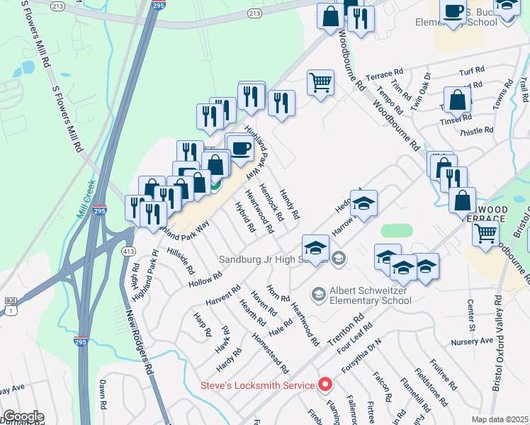 map of restaurants, bars, coffee shops, grocery stores, and more near 126 Heartwood Road in Levittown