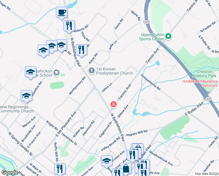 map of restaurants, bars, coffee shops, grocery stores, and more near 712 Johns Lane in Ambler