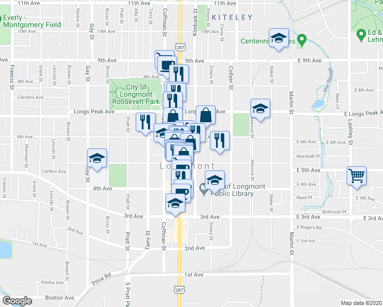 map of restaurants, bars, coffee shops, grocery stores, and more near 528 Main Street in Longmont