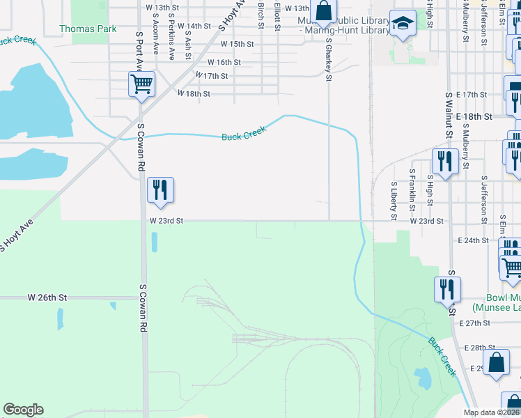 map of restaurants, bars, coffee shops, grocery stores, and more near 1010 West 23rd Street in Muncie