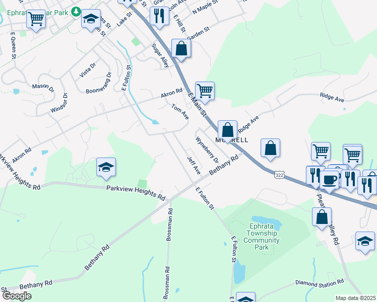 map of restaurants, bars, coffee shops, grocery stores, and more near 338 Jeff Avenue in Ephrata