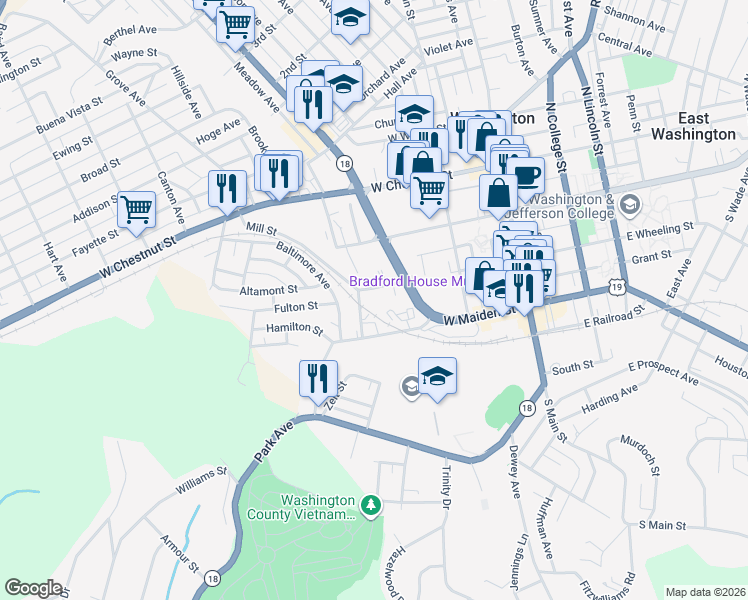 map of restaurants, bars, coffee shops, grocery stores, and more near 201 West Wheeling Street in Washington