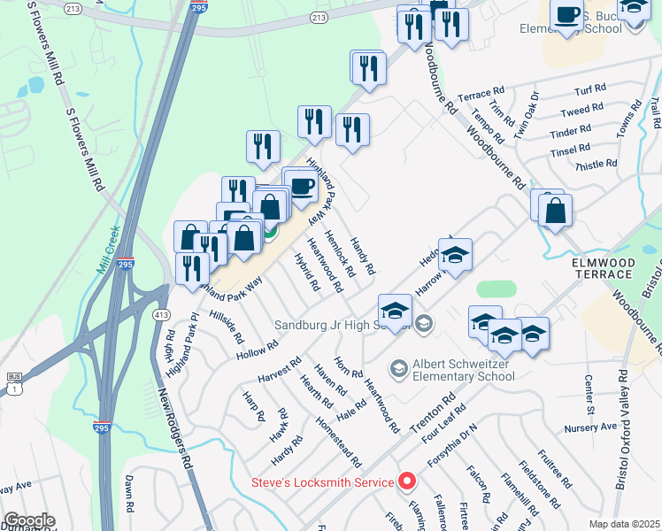map of restaurants, bars, coffee shops, grocery stores, and more near 126 Heartwood Road in Levittown