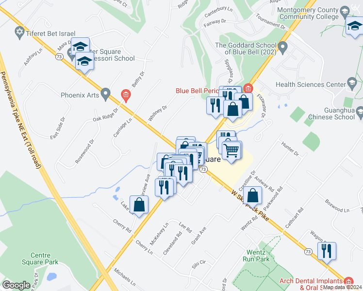 map of restaurants, bars, coffee shops, grocery stores, and more near 843 2nd Avenue in Blue Bell