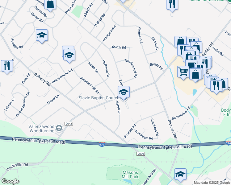 map of restaurants, bars, coffee shops, grocery stores, and more near 2435 Karen Lane in Hatboro