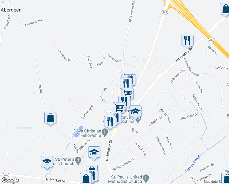 map of restaurants, bars, coffee shops, grocery stores, and more near 408 Rockwood Drive in Elizabethtown