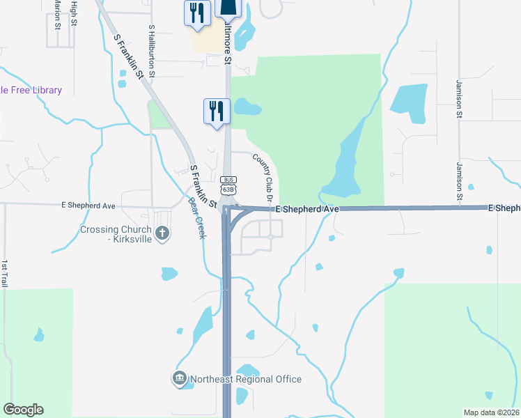 map of restaurants, bars, coffee shops, grocery stores, and more near 1100-1398 E Shepherd Ave in Kirksville