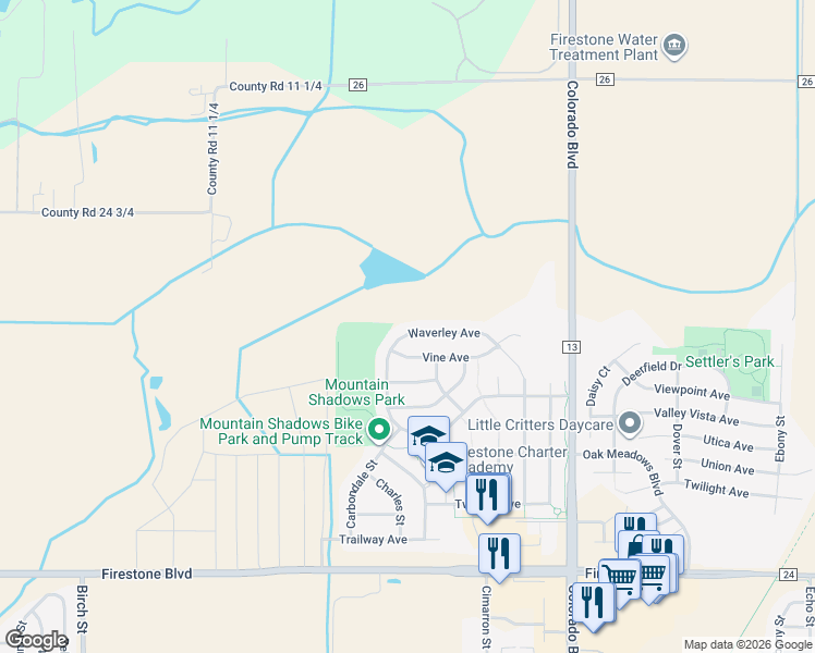 map of restaurants, bars, coffee shops, grocery stores, and more near 5649 Waverley Avenue in Longmont