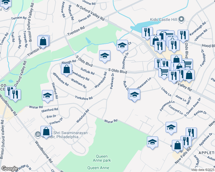 map of restaurants, bars, coffee shops, grocery stores, and more near 280 Yorkshire Road in Fairless Hills