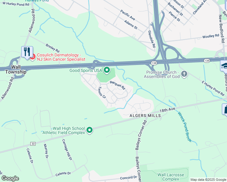map of restaurants, bars, coffee shops, grocery stores, and more near 32 Racquet Road in Wall Township
