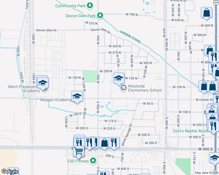 map of restaurants, bars, coffee shops, grocery stores, and more near 92 North 800 in Springville