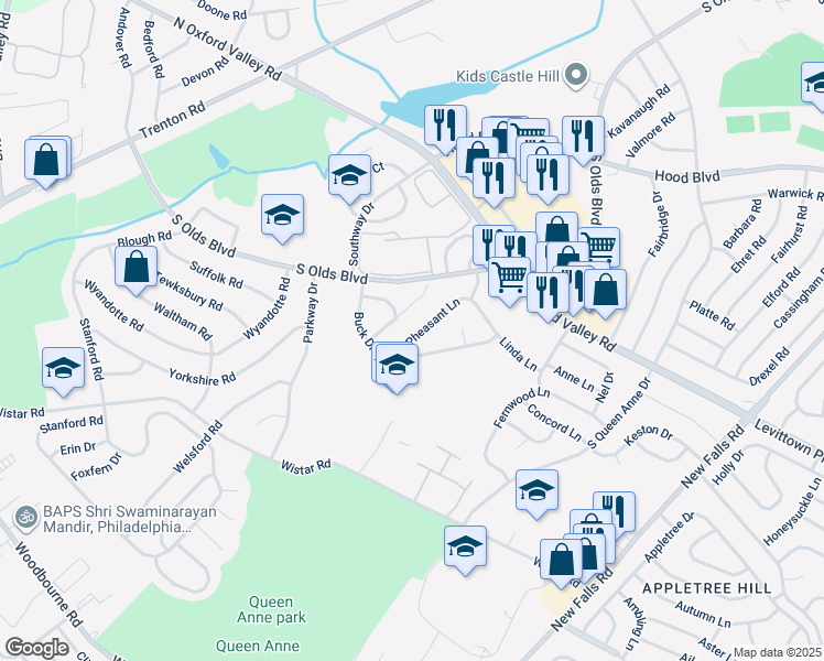 map of restaurants, bars, coffee shops, grocery stores, and more near 451 Pheasant Lane in Fairless Hills