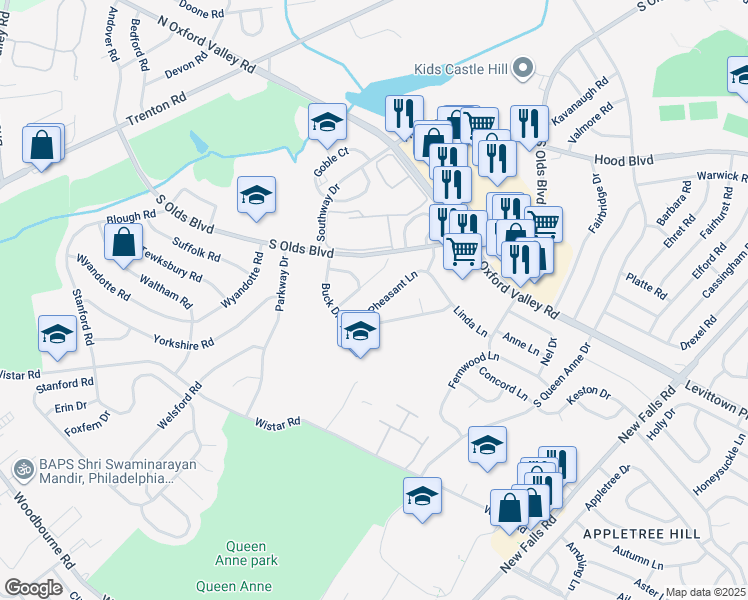 map of restaurants, bars, coffee shops, grocery stores, and more near 451 Pheasant Lane in Fairless Hills