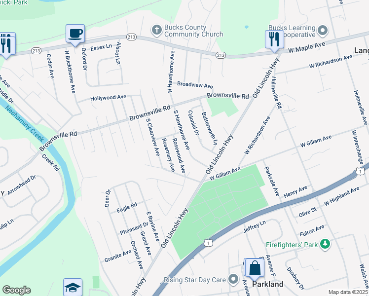 map of restaurants, bars, coffee shops, grocery stores, and more near 250 South Hawthorne Avenue in Langhorne