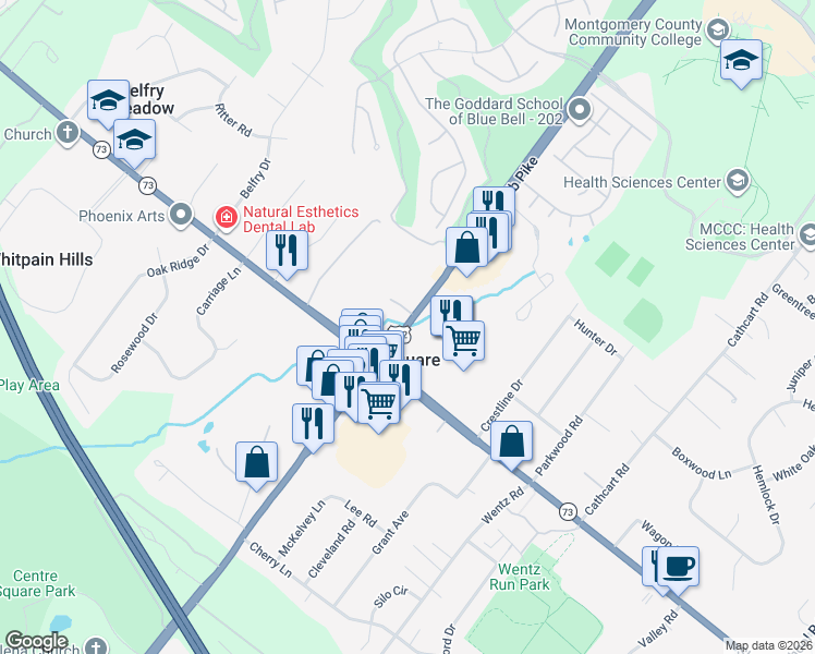 map of restaurants, bars, coffee shops, grocery stores, and more near 841 Dekalb Pike in Blue Bell