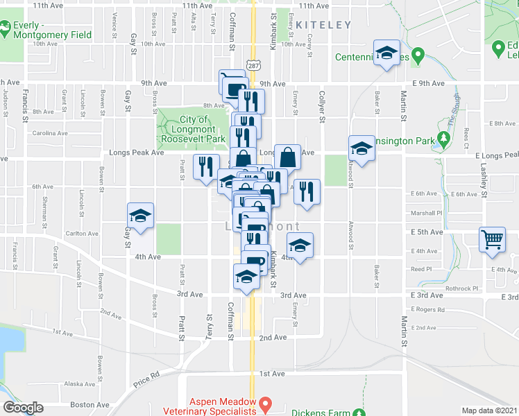 map of restaurants, bars, coffee shops, grocery stores, and more near 528 Main Street in Longmont