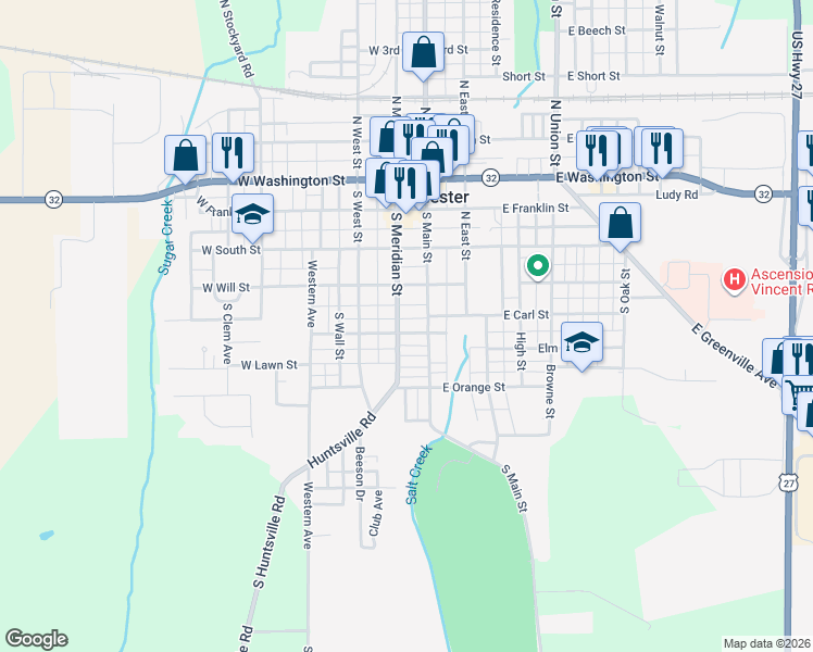 map of restaurants, bars, coffee shops, grocery stores, and more near 442-468 South Meridian Street in Winchester