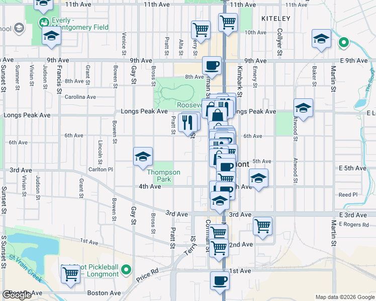 map of restaurants, bars, coffee shops, grocery stores, and more near 526 Terry Street in Longmont