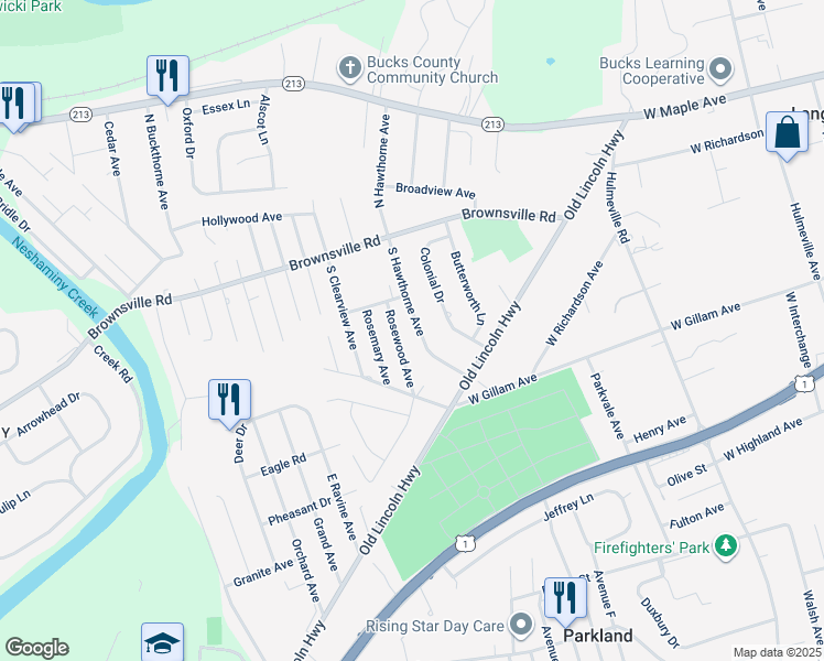 map of restaurants, bars, coffee shops, grocery stores, and more near 250 South Hawthorne Avenue in Langhorne