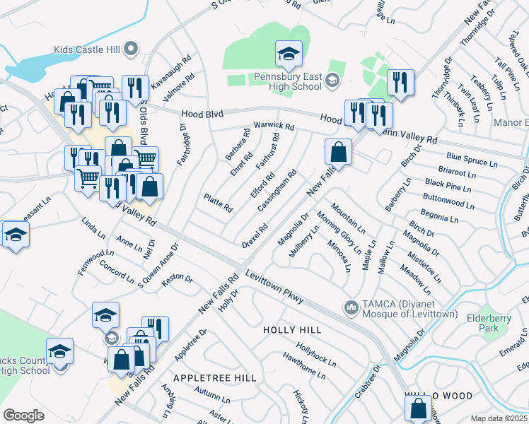 map of restaurants, bars, coffee shops, grocery stores, and more near 548 Cassingham Road in Fairless Hills