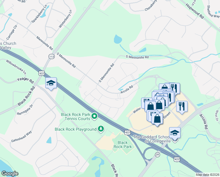 map of restaurants, bars, coffee shops, grocery stores, and more near 180 Iron Hill Way in Collegeville