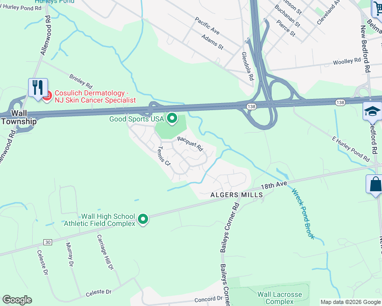 map of restaurants, bars, coffee shops, grocery stores, and more near 18 Racquet Road in Monmouth County