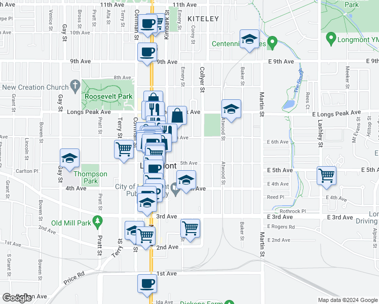 map of restaurants, bars, coffee shops, grocery stores, and more near 327 6th Avenue in Longmont