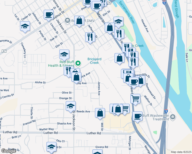 map of restaurants, bars, coffee shops, grocery stores, and more near 237 James Avenue in Red Bluff