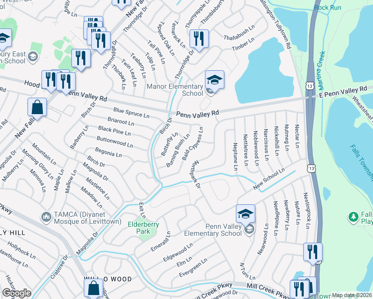 map of restaurants, bars, coffee shops, grocery stores, and more near in Fallsington